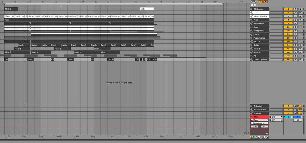 Ableton screenshot with track list and control panel