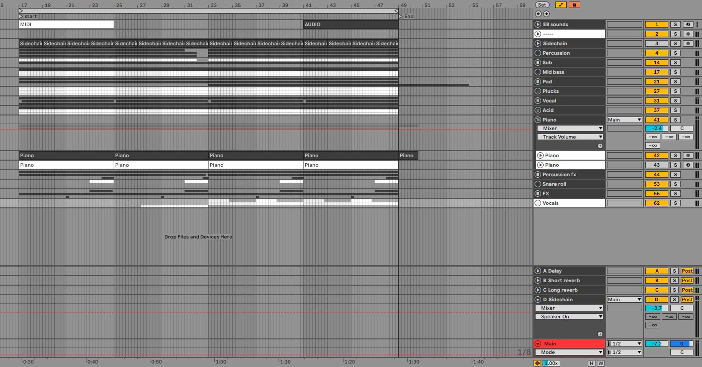 Ableton screenshot with track list and control panel