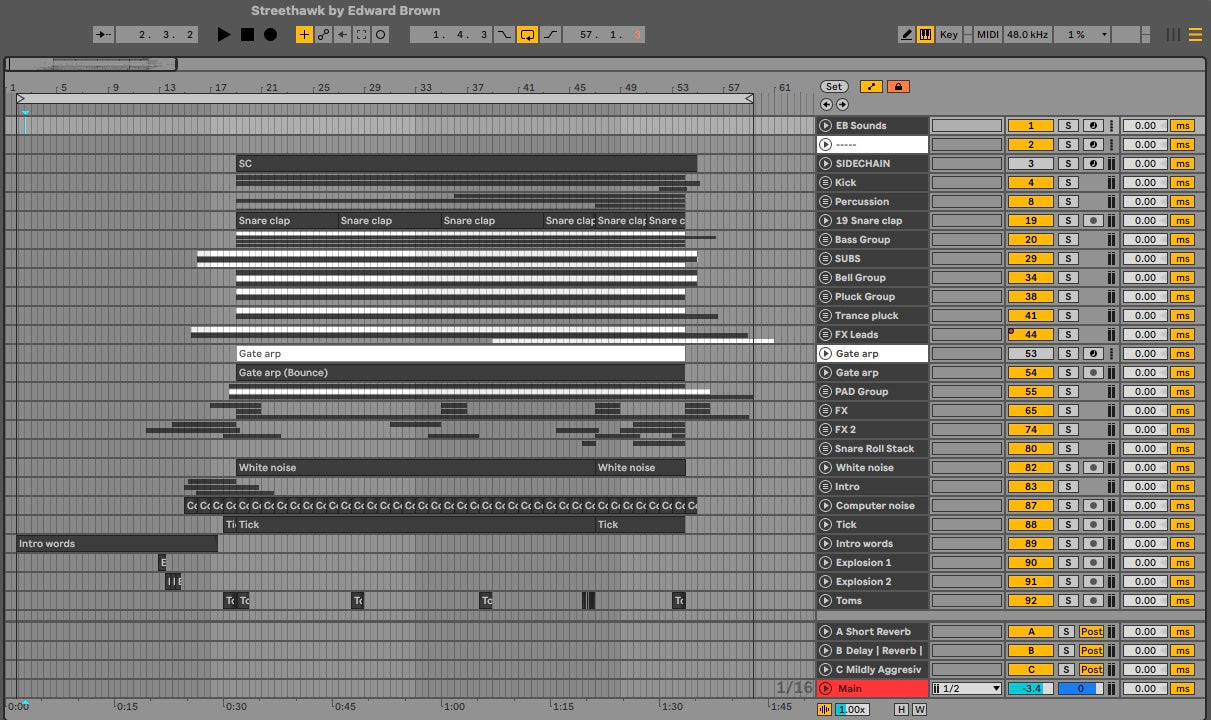 Ableton screenshot with track list and control panel