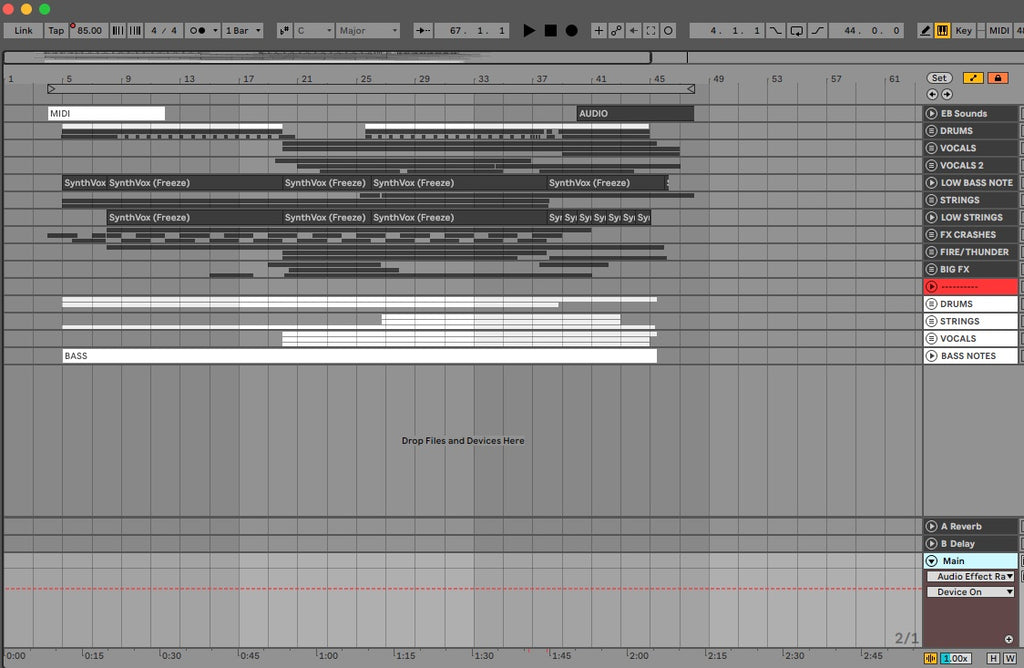 Ableton screenshot with track list and control panel