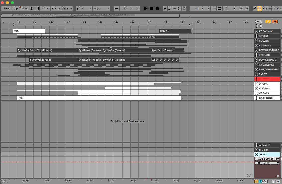 Ableton screenshot with track list and control panel